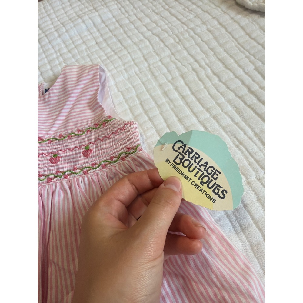 Vintage Collectible Carriage Boutique Strawberry Smocked Stripe Pink Dress - Picture 3 of 5